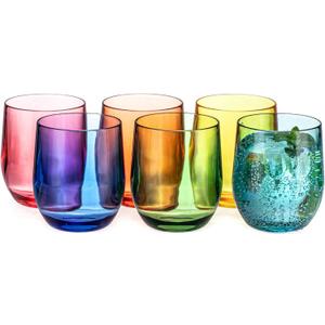 14oz Colorful Thick Stemless Wines Cups (Set of 6), Shatter-Proof Acrylic Old-fashioned Glasses, Reusable Plastic Bar Glasses, BPA-Free, Dishwasher-Safe