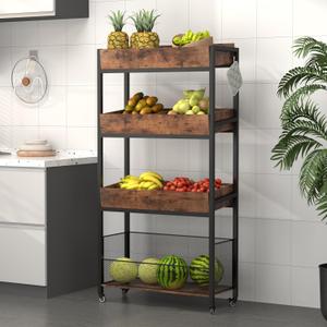 4-Tier Wooden Fruit and Vegetable Basket Stand Rack with Adjustable Feet and Wheels  Multi-Purpose Food Organizer for Kitchen, Office, Shop, and Supermarket