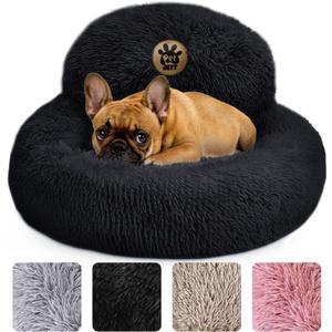PetJett Calming Dog Bed for Small Dogs 23" Donut Dog Beds, Anti-Slip & Washable Fluffy Plush Faux Fur Pet Bed, Anti-Anxiety Premium Comfort Round Puppy Bed, Fits Dogs up to 25 lbs Black