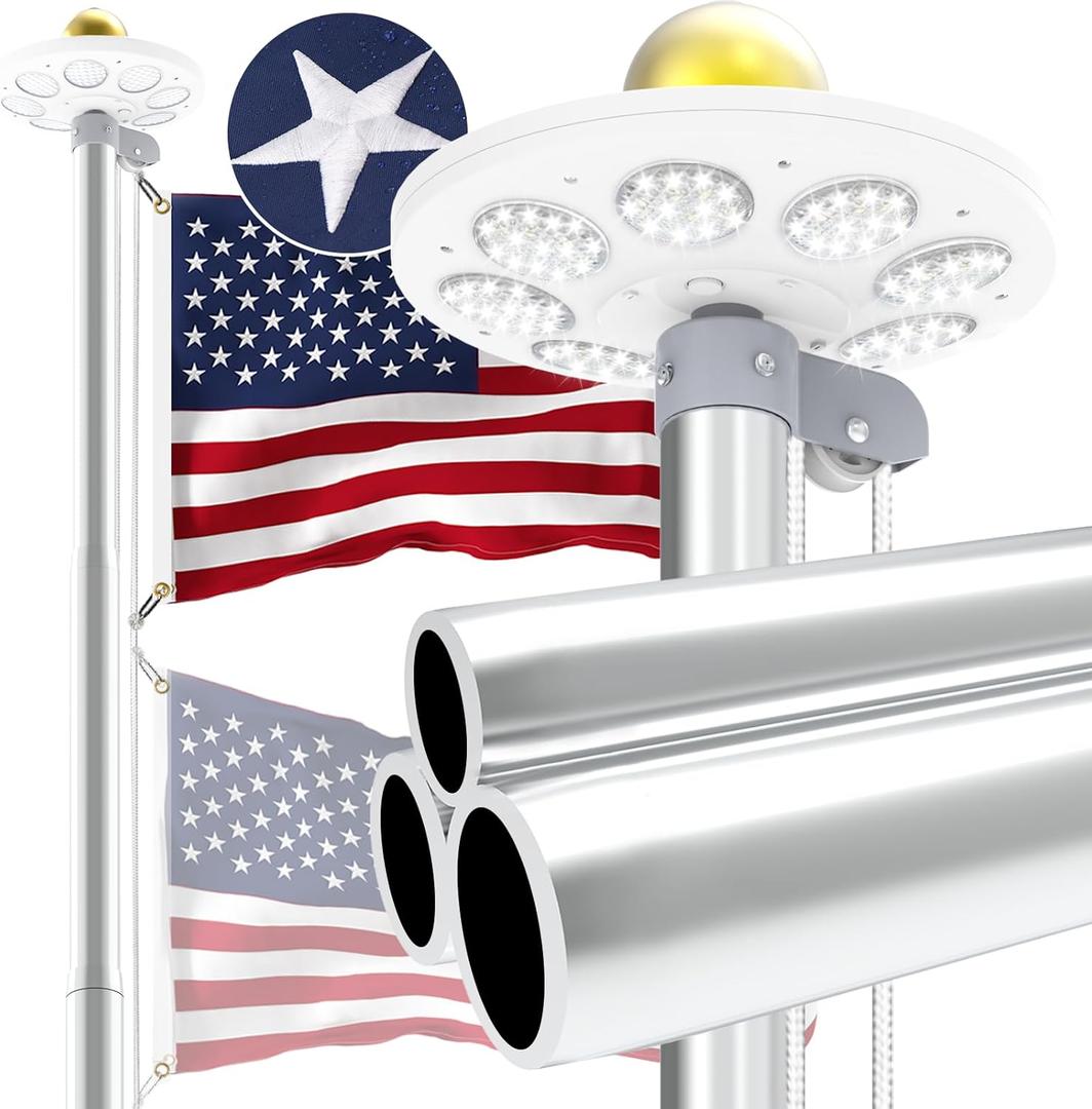 Upgraded 9 Gauge Heavy Duty Flag Pole Kit with 136 LED Ultra Bright Solar Light, 20FT 120 MPH Flagpole for Outside House in Ground, Bottom 3 mm Thick & 3 in Wide, 300D Thick Flag, Silver