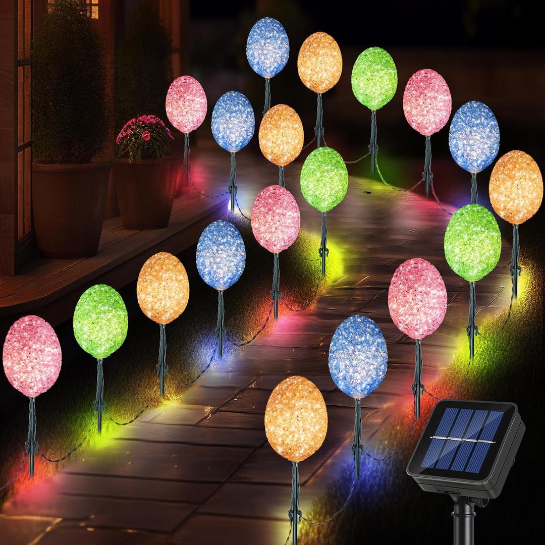 Enhon Solar Easter Egg Lights with Stake, 25FT 20LED Easter Egg Pathway Lights for Easter Outdoor Decorations, 8 Lighting Modes Pastel Easter Egg Lights Easter Stake Lights for Yard Garden Path Lawn