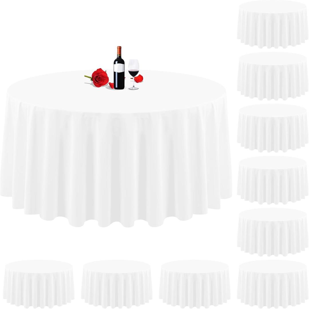 10 Pack Round Table Cloth - White 120 Inch Round Tablecloth - Washable Polyester Fabric - Bulk Linen Tablecloths for Parties, Wedding, Banquet, Buffet, Dinning