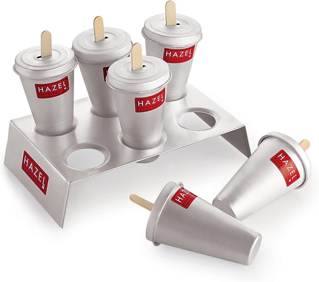 HAZEL Aluminium Kulfi Mould Set of 6 & 12 Ice cream Sticks | Reusable Ice Cream & Popsicle Maker | DIY Kulfi Molds for Homemade Frozen Treats, Ice Pops & Desserts (6 pcs Cone With Stand (Hole Lid))