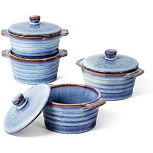 UNICASA 8 oz Ceramic Ramekins with Lid, Mini Casserole Dish with Handles Set of 4, Porcelain Small Baking Dish, Round Small Cocotte Oven Safe, Reactive Glaze (Denim Blue)