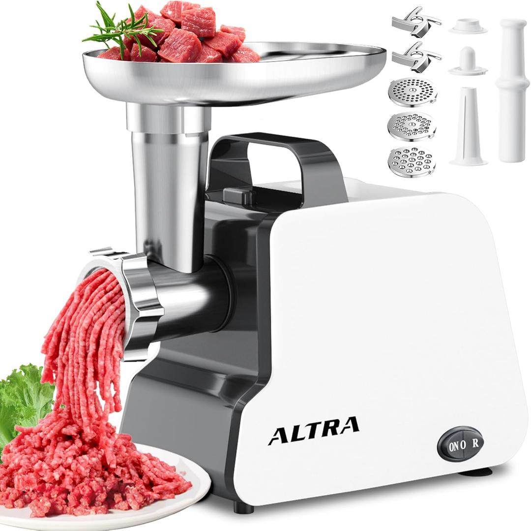 Electric Meat Grinder, 2300W Max, Heavy Duty Sausage Stuffer with 2 Blades, 3 Grinding Plates, Sausage Tube & Kubbe Kit, Home Kitchen Meat Mincer with Handle (White)