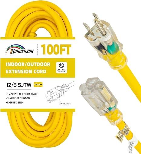 Indoor Outdoor Extension Cord Weatherproof with Lighted End, UL Listed, 12 Gauge 100FT Yellow 3 Prong Heavy Duty, 12/3 SJTW 15A Power Cord for Outdoor Lights, Lawn. 100' 14/3 YELLOW EXT Cord W/Lok ECPL511735
