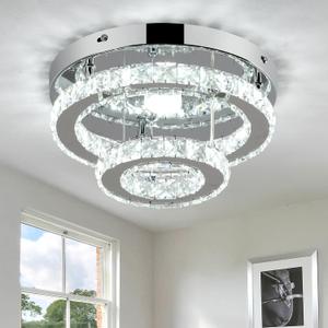 9.8" Adjustable Crystal Chandelier LED Ceiling Light - Flush Mount Lighting Fixture for Bedroom, Kitchen, Hallway & Closet with K9 Crystals (Cool White)
