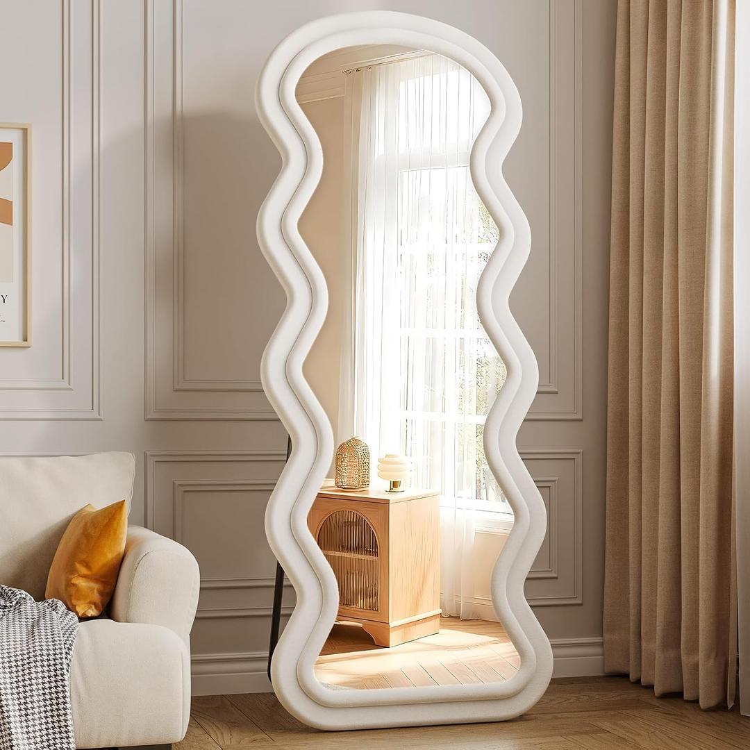 Full Length Mirror, 63"x24" Wavy Full Body Freely Standing Mirrors, Flannel Floor Mirror with Stand for Bedroom, Living Room, Hanging Leaning Wall Mirror Modern Home Decor
