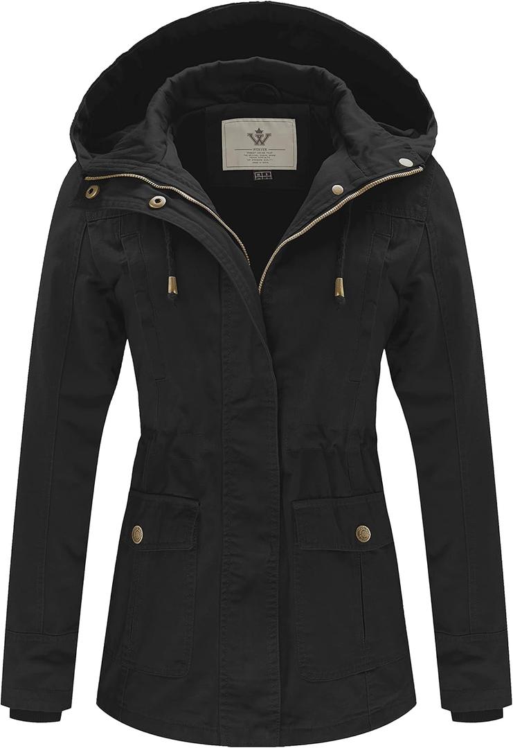 WenVen Women's Cotton Military Jacket Lightweight Casual Anorak Coat with Hood (Large, Black)