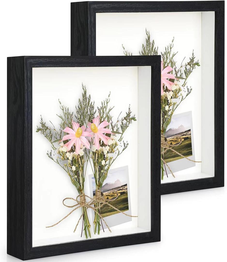 2pcs 6x8 Shadow Box Frame, 3D Picture Frame Display Cas with Real Transparent Glass for Photos, Memorabilia, Crafts, Souvenir, Wedding Memories, Baby Items - Black/ 1.2 Inch Depth