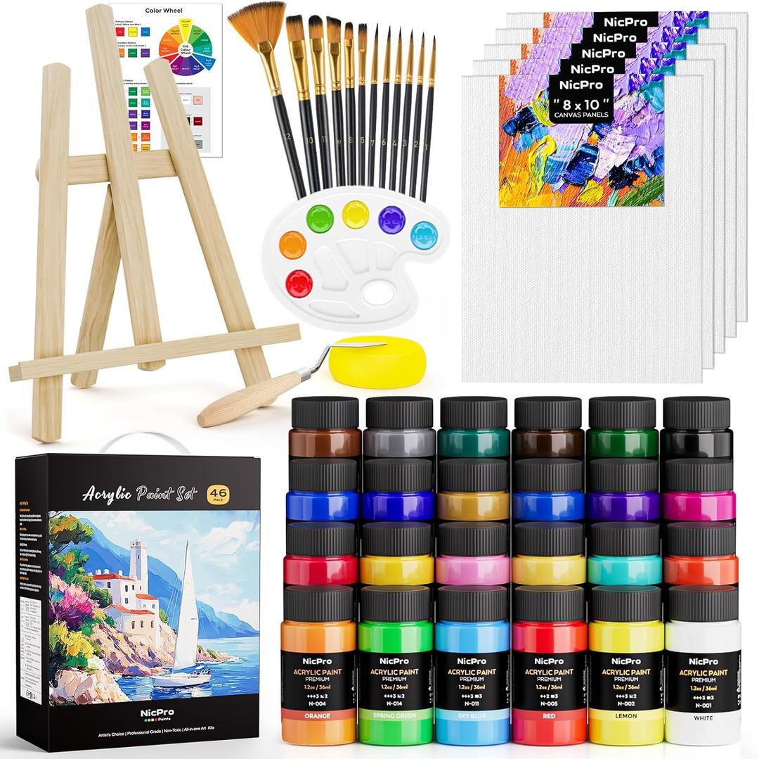 Nicpro Acrylic Paint Canvas Set for Adults, 46PCS Art Painting Supplies Kit with 24 Acrylic Paints(36ML), Table Wood Easel, 5 Canvas Panels, 12 Brushes, Paper Pad, Palette for Artist Beginner Students