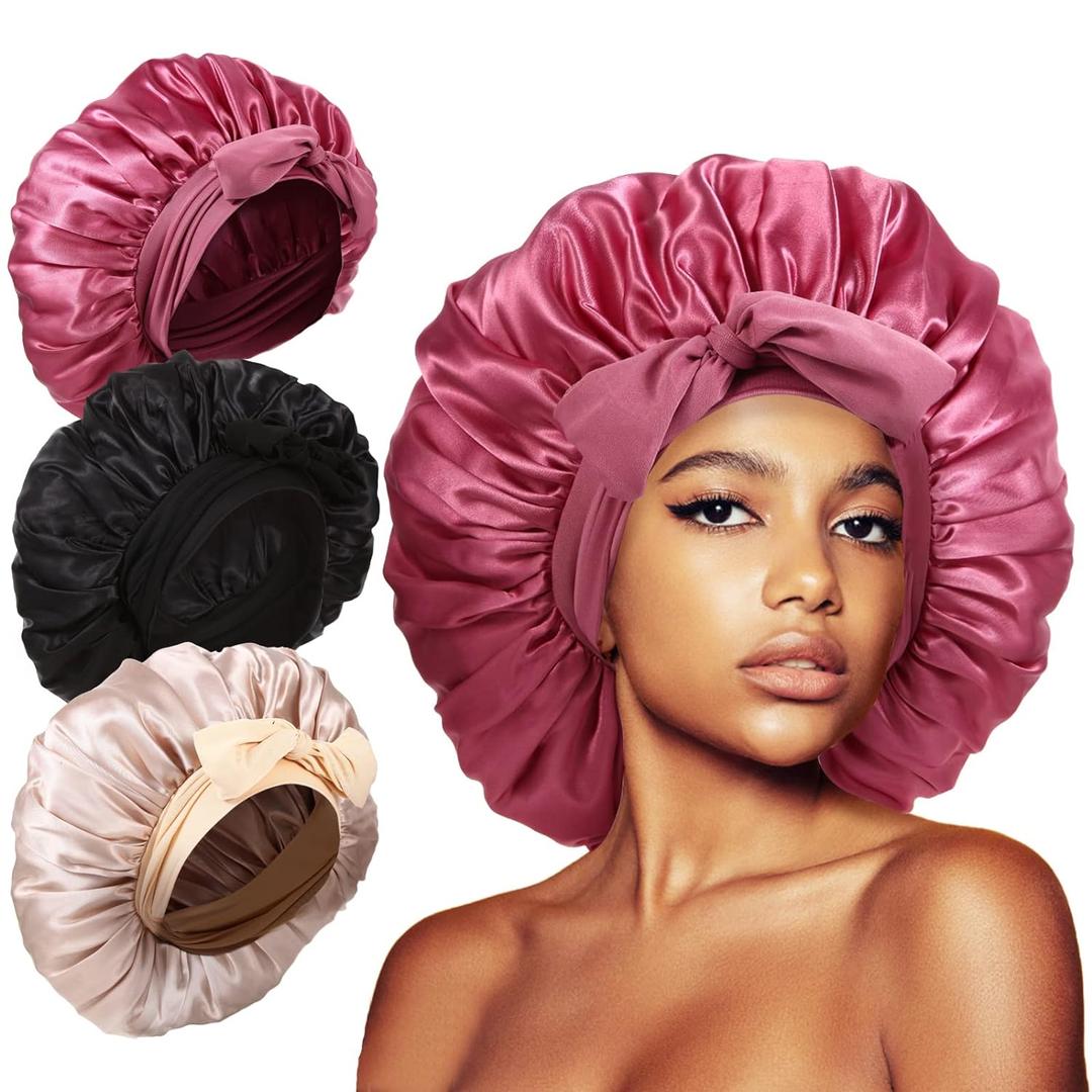 3PCS Satin Silk Bonnet Combination, Hair Bonnets for Sleeping with Natural & Curly Hair, Elastic, (Beige,Pink,Black)