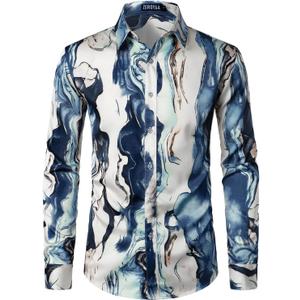 ZEROYAA Men's Hipster Printed Slim Fit Long Sleeve Button Up Satin Dress Shirts (103-beige) S