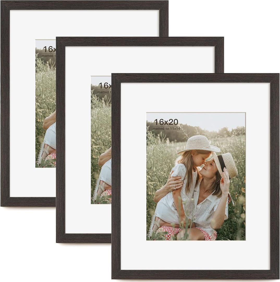 16x20 Picture Frame with Mat for 11x14 Set of 3, Distressed Black Wood Grain 16x20 Frames for Wall Mounting (3 Pack, Black)
