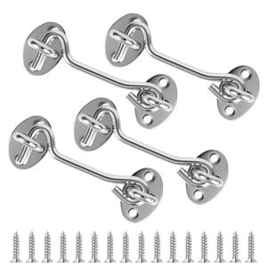 Oualhoo 4" Silver Stainless Steel Gate Latch, Barn Door Lock with Screws, Privacy Hook for Inside Door, Fence, Window, 4 PCS