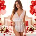 Fengek 2Pcs Sexy Lingerie for Women, Polka Dots Sheer Lace Lingerie with Pajama Set for Women Nightwear (White, L)