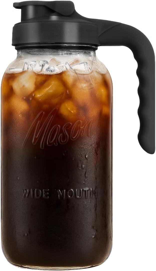 Mason Jar Pitcher - Airtight & Leakproof Glass Pitcher with Lid, Perfect for Breastmilk, Cold Brew Coffee, Sun Tea, Water & Drinks, 2 Quart (64 oz) Wide Mouth Mason Jar with Pour Spout Lid - Black