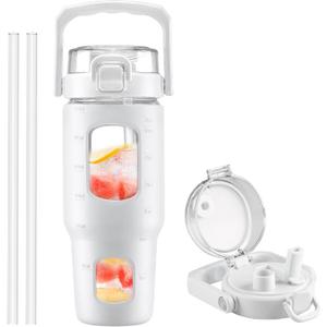 Glass Water Bottle with Handle and Straw, Leakproof Sports Glass Bottle with Time Marker and Silicone Sleeve,  Glass Water Bottle for Travel, Gym, Workout, White
