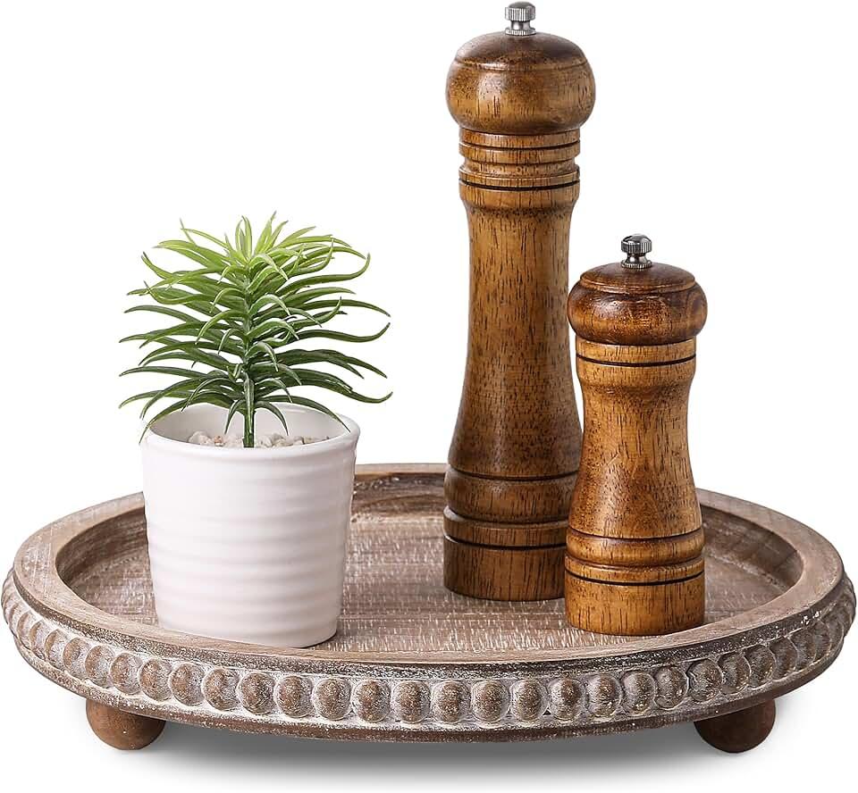 Wooden Coffee Table Tray Decor, Round Decorative Tray Brown Beaded Distressed Rustic Farmhouse Centerpiece for Dining Room Entryway Kitchen Counter Candle Holder Organizer