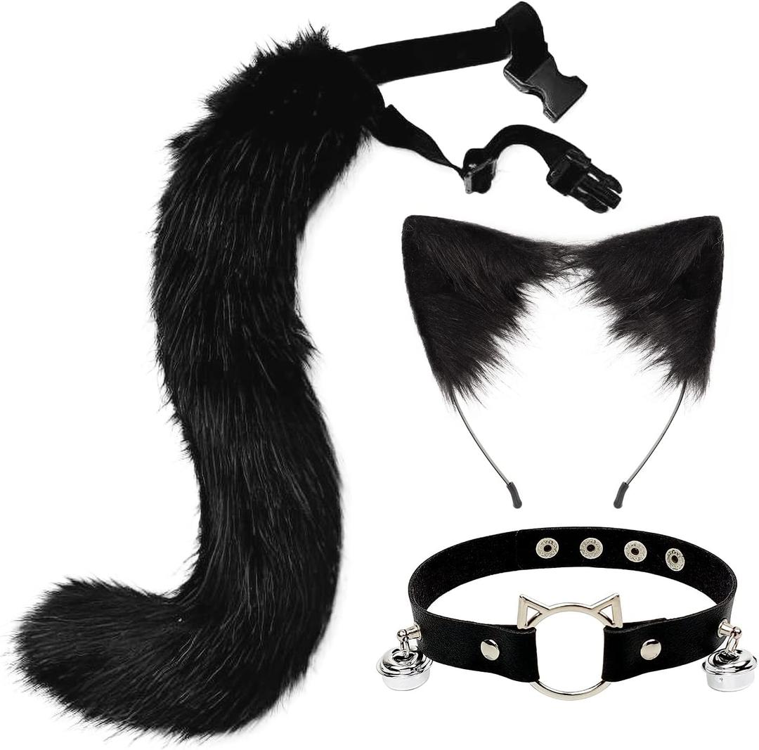 Cat Ears and Wolf Fox Animal Tail Cosplay Costume Faux Fur Hair Clip Headdress Halloween Leather Neck Chocker Set (3-black)