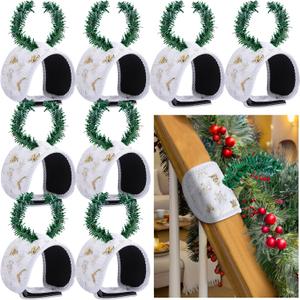 8 Pcs Railing Protection Christmas Garland Ties, White Decorative Banister Garlands Hanger, Adjustable Banister Protective Padded Faux Pine Stems Garland Ties for Staircase Wreath Home Holiday Decor