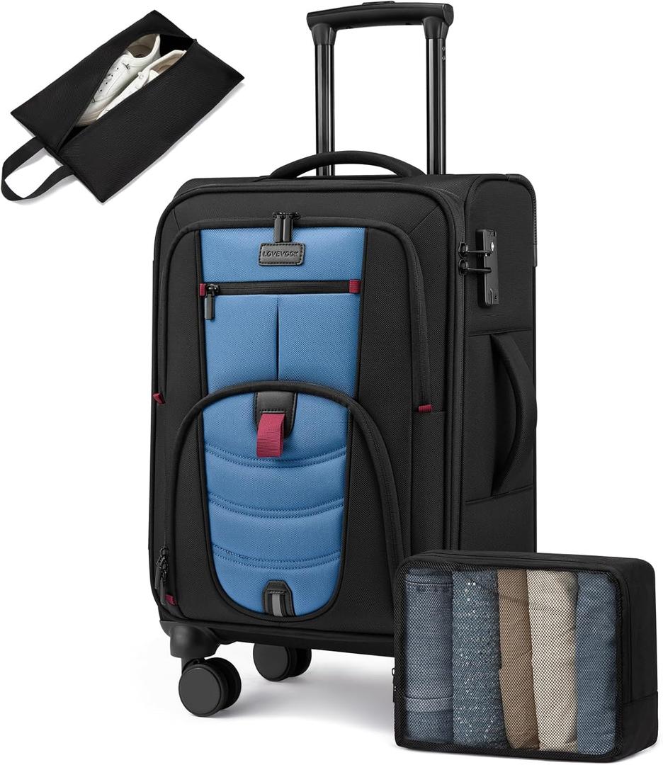 Carry On Luggage 22x14x9 Airline Approved, 22-Inch Suitcases with Spinner Wheels, Softside Carry-on Luggage with TSA Lock for Men Women Business Trip, Lightweight Large Capacity Luggage for Travel (Black&Blue)
