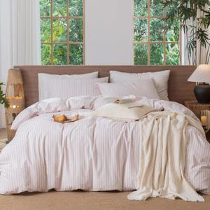 MooMee Striped Duvet Cover Set 100% Washed Cotton Linen Like Textured Breathable Durable Soft Comfy (Heathered Greyish Pink Classic Stripes, Oversized Full 82"x86")