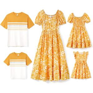 PATPAT Family Matching Summer Outfits, Mommy and Me Matching Shirts Dresses Paisley Print Matching Dresses for Family (9-10 Years, Yellow Paisley Floral)