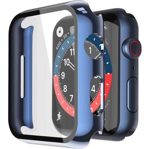 Misxi 2 Pack Hard PC Case with Tempered Glass Screen Protector Compatible with Apple Watch SE 2 (2024), SE Series 6, 5, 4 - 44mm, 1 Blue + 1 Transparent