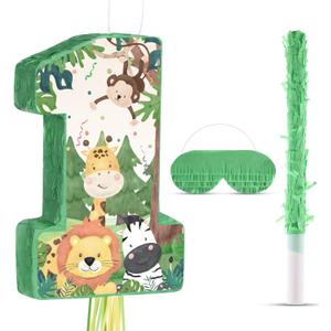 Wild One Piata Number 1 Pull String Mini Piata with Blindfold Bat Confetti Wild One 1st Birthday Party Decorations Safari Jungle Party Supplies 16.1 x 10.9 x 2.76 Inch