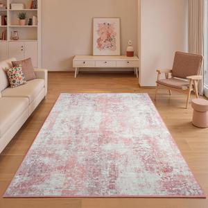 4x6 Pink Washable Area Rug for Living Room Bedroom, Modern Abstract Non-Slip Rugs, Low Pile Soft Stain Resistant Carpet for Dining Room, Kitchen, Office, Dorm, Bedside Decor