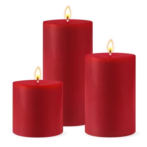 Red Unscented Pillar Candles 3-Pack – Dripless & Smokeless, Long-Burning Thick Candles (2",3",4" Heights) for Weddings, Home Decor & Serene Ambiance
