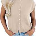 Womens Rolled Cap Sleeve Knit Top Button Front Summer Lightweight Sweater Shirt (Beige, M)