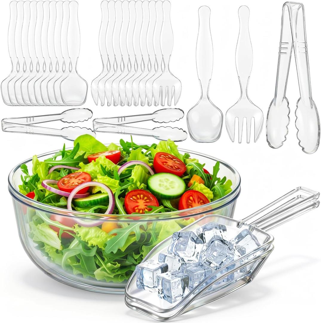 LemonRoad 135 oz Clear Plastic Serving Salad Bowl with 10 Spoons 10 Forks 2 Tongs and 2 Scoops Disposable Serving Utensils for Parties, Holidays & Events
