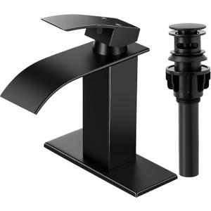 Matte Black Bathroom Faucets, Waterfall Bathroom Sink Faucet Modern Single Handle Bathroom Faucte 1 or 3 Hole, RV Mixer Tap Vanity Faucet - Includes Pop-up Drain Supply Hoses Deck Plate