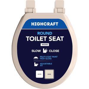 HIGHCRAFT Premium Round Toilet Seat with Slow-Close Design & Adjustable Hinges - Molded Wood Toilet Seat - Fits Standard Round Toilets - Round Seat in Bone/Beige