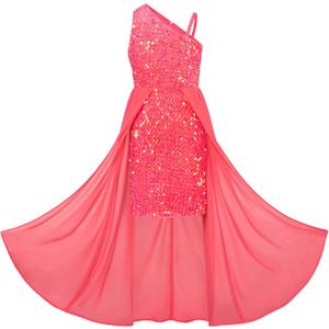 GRACE KARIN Girls Sequin Dress One Sleeve Formal Pageant Prom Party Dresses  (7 Years, Watermelon Red)