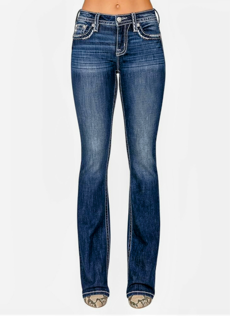 Miss Me Women's Mid-Rise Bootcut Jeans, Blue and White Stitch Border with Faux Flap Pockets, Bootcut Stretch Denim Jeans 28