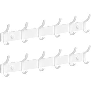 White Wall Mounted Coat Rack - 15 Inch Arc Shaped Design with 6 Hooks for Hanging Coats, Bags, and Towels in Entryway, Livingroom, Bedroom, Bathroom, and Kitchen, 2 Pack