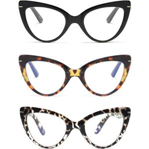 Oversized Cat Eye Reading Glasses for Women Fashion Cute Blue Light Blocking Computer Readers(3-Pack,1.50) (Black,brown Tortoise,white Tortoise)