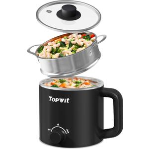 Topwit Hot Pot Electric with Steamer, 1.6L Ramen Cooker, Electric Pot for Pasta, Shabu-Shabu, Oatmeal, Soup and Egg, Portable Cooker with Dual Power Control, Dorm Room Essentials, Black