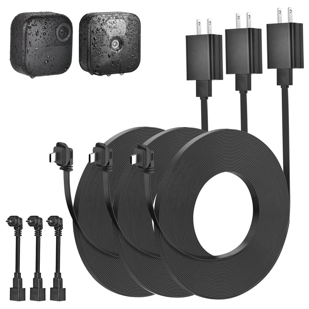3pack 30ft Weatherproof Power Cable and Adapter for Blink Outdoor 4 (4th Gen), Blink Outdoor/Indoor (3rd Gen)& XT/XT2, Flat Power Cord with Micro USB Adapter, No More Battery Change, 24 Hours Charging