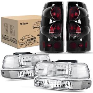 Nilight Headlight and Taillight Assembly Combo Compatible with 1999 2000 2001 2002 Chevy Silverado 1500 2500 1500HD 2500HD 3500 OE Style Chrome Housing Clear Reflector Smoke
