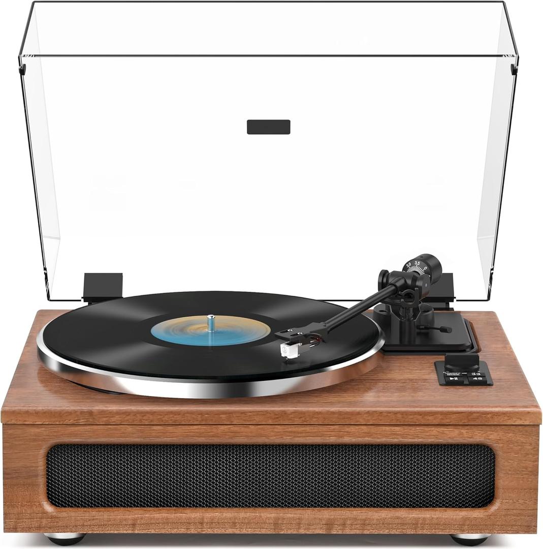 All-in-One Vintage Record Player High Fidelity Belt Drive Turntable for Vinyl Records Built-in 2 Tweeter and 2 Bass Stereo Speakers, Vinyl Player with MM Cartridge, Bluetooth, Aux-in, RCA, Auto Stop (Brown)