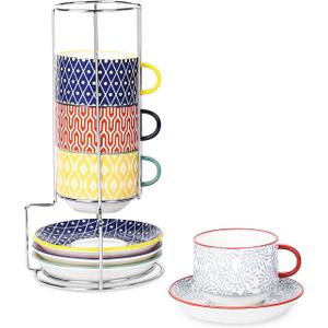 Selamica Ceramic Cappuccino Cups with Saucers and Metal Stand, 8 OZ Stackable Espresso Coffee Cups for Coffee, Latte, Americano, Tea, Set of 4, Assorted Colors