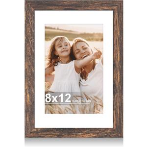 Hongkee 8x12 Picture Frame with Glass, Display Pictures 6x9 with Mat or 8 x 12 without Mat - Wall and Tabletop, 8 by 12 Photo Wooden Frames (Rustic Brown, 1 Pack)