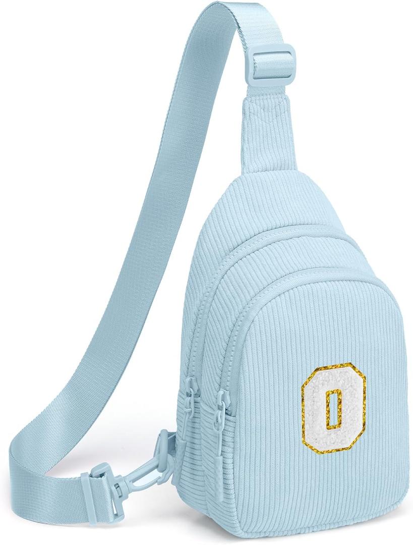 Viverte Small Corduroy Sling Bag Initial Crossbody Bag Fanny Pack for Girls Personalized Birthday Gifts for Teen Girls Gifts Trendy Stuff Teen Purse Cute Stuff for Girls (Icing Blue-O)