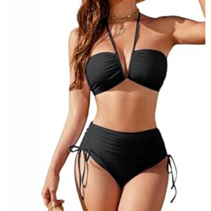 Blooming Jelly Womens High Waisted Bikini Sets Sexy Bandeau Tummy Control Swimsuits Halter Two Piece Ruched Bathing Suit (Small, Black)