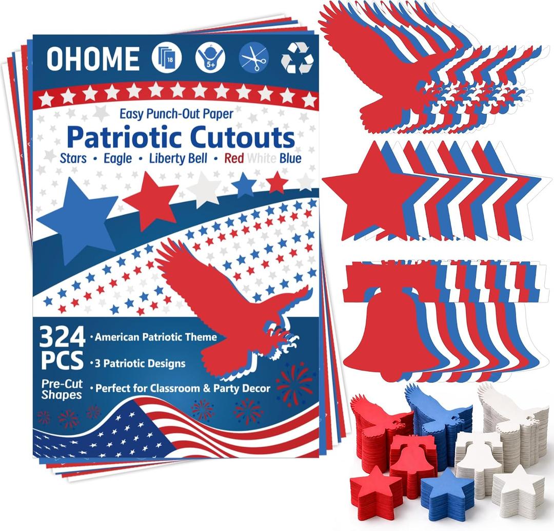 4th of July Decorations - 324 PCS Red White Blue Paper Star Eagle Liberty Bell Shape Cutouts Pre-Cut Set - Fourth of July Accessories, Patriotic Party Supplies Decor,250th Anniversary USA Merchandise