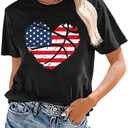 American Flag Heart Shirt Women: 4th of July T Shirt USA Flag Print Tees Patriotic Casual Short Sleeve Tops (Black, XL)